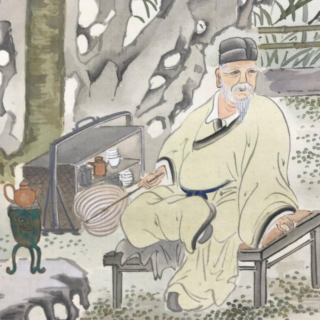 真作/小田杏逸/前茶之図/山水図/人物図/お茶図/掛軸/名家伝来/AE-94