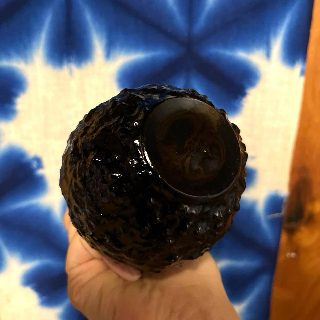 骨董　時代ガラス　プレスガラス　希少紫ガラス　渋紙　氷裂模様　凸凹プレス　花器