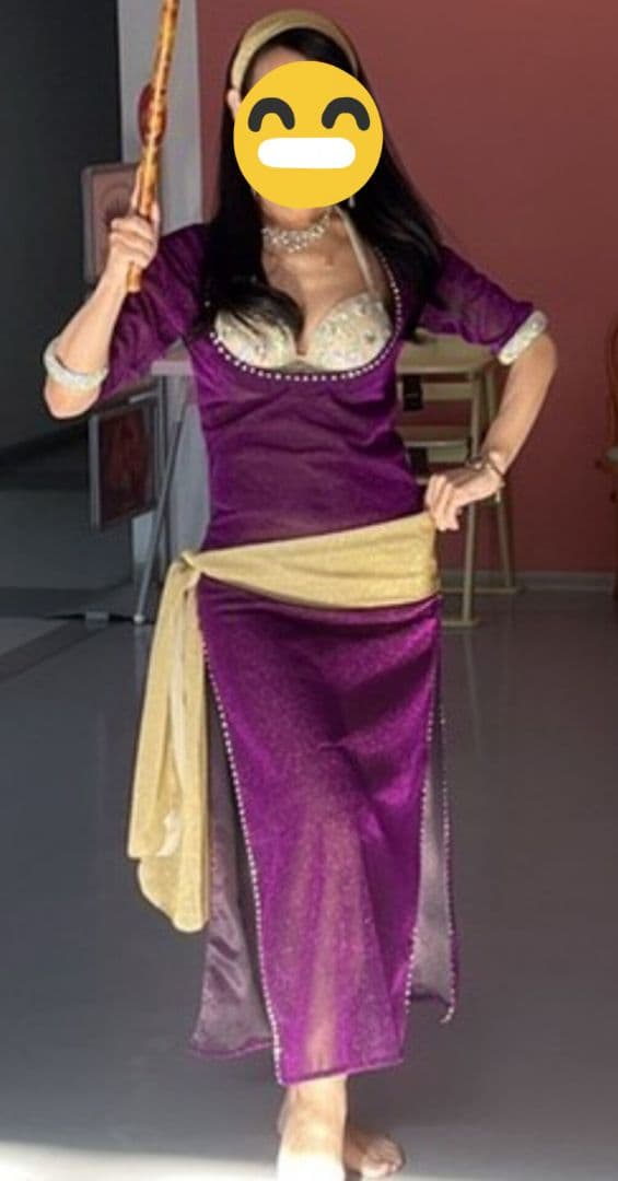 ベリーダンス サイーディドレス パープル グリッター+ゴールドヒップスカーフ