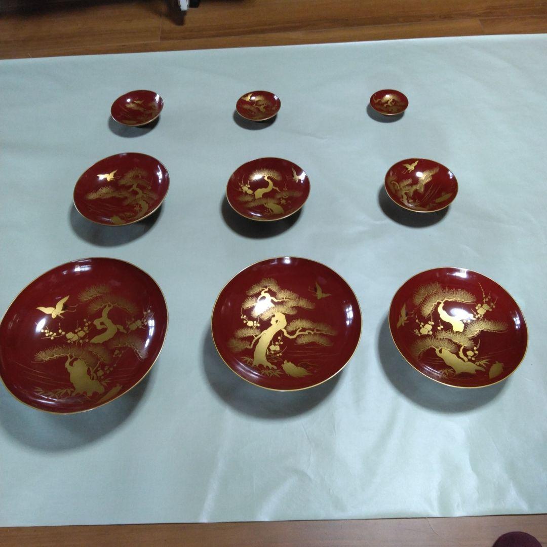 木製九つ重ね杯　本金蒔絵付