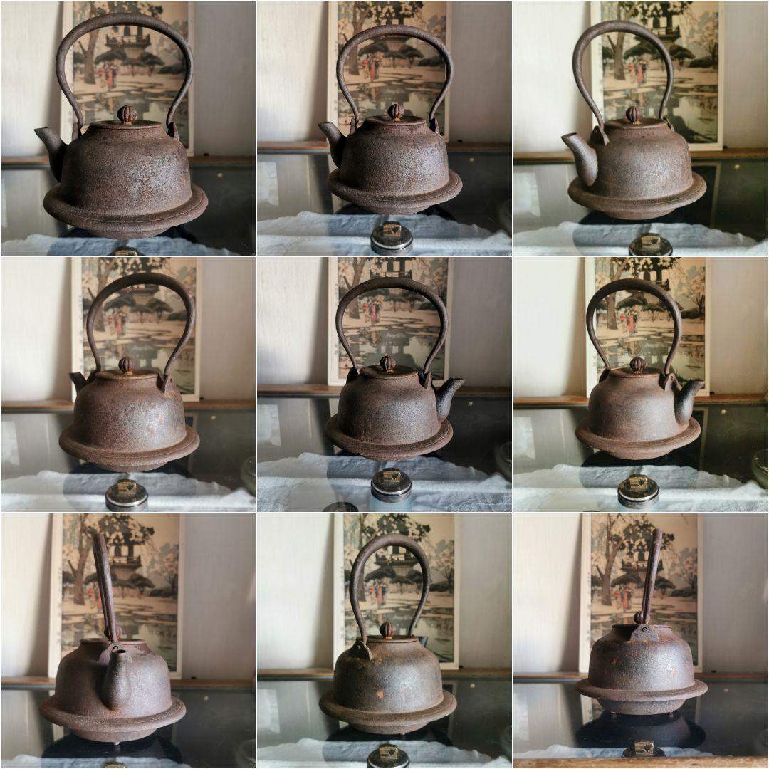 和骨董 重厚な１Ｌ南部鉄瓶 赤紫茶鉄器 珍しい胴下周り装飾付フォルム 菊/蓮摘み