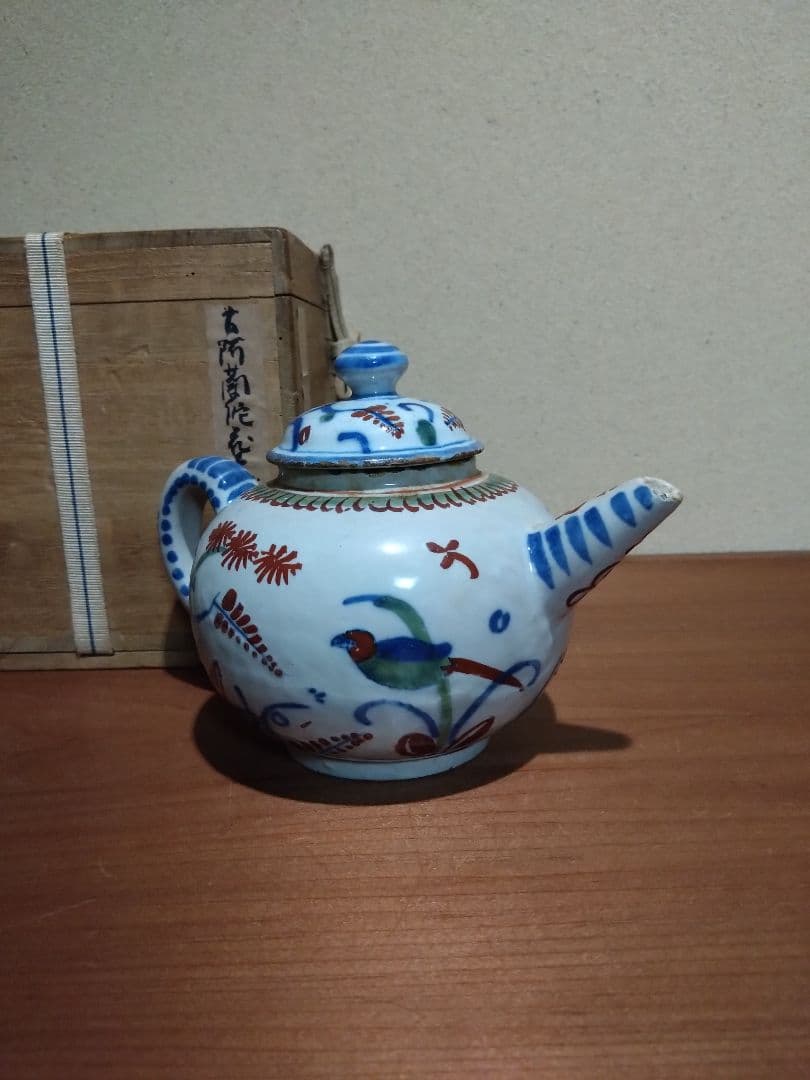 阿蘭陀    藍紅毛色絵 花鳥紋水注  急須