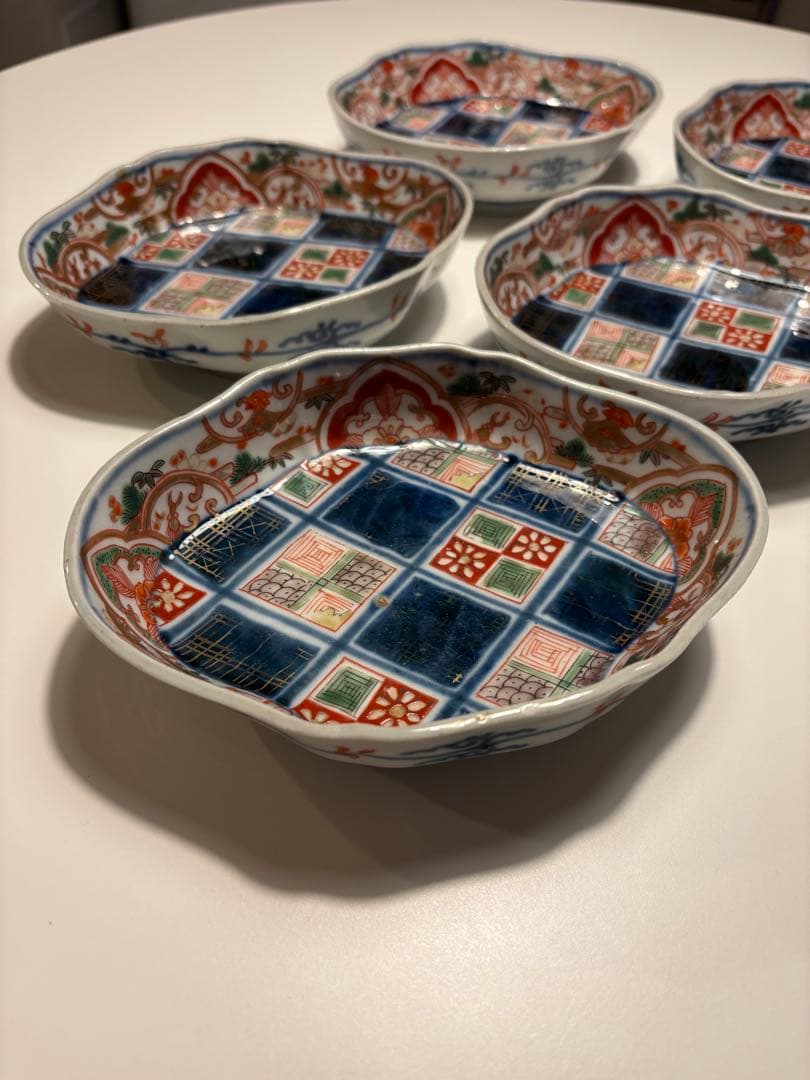 江戸後期　古伊万里　錦手　金襴手　向付　５脚組み