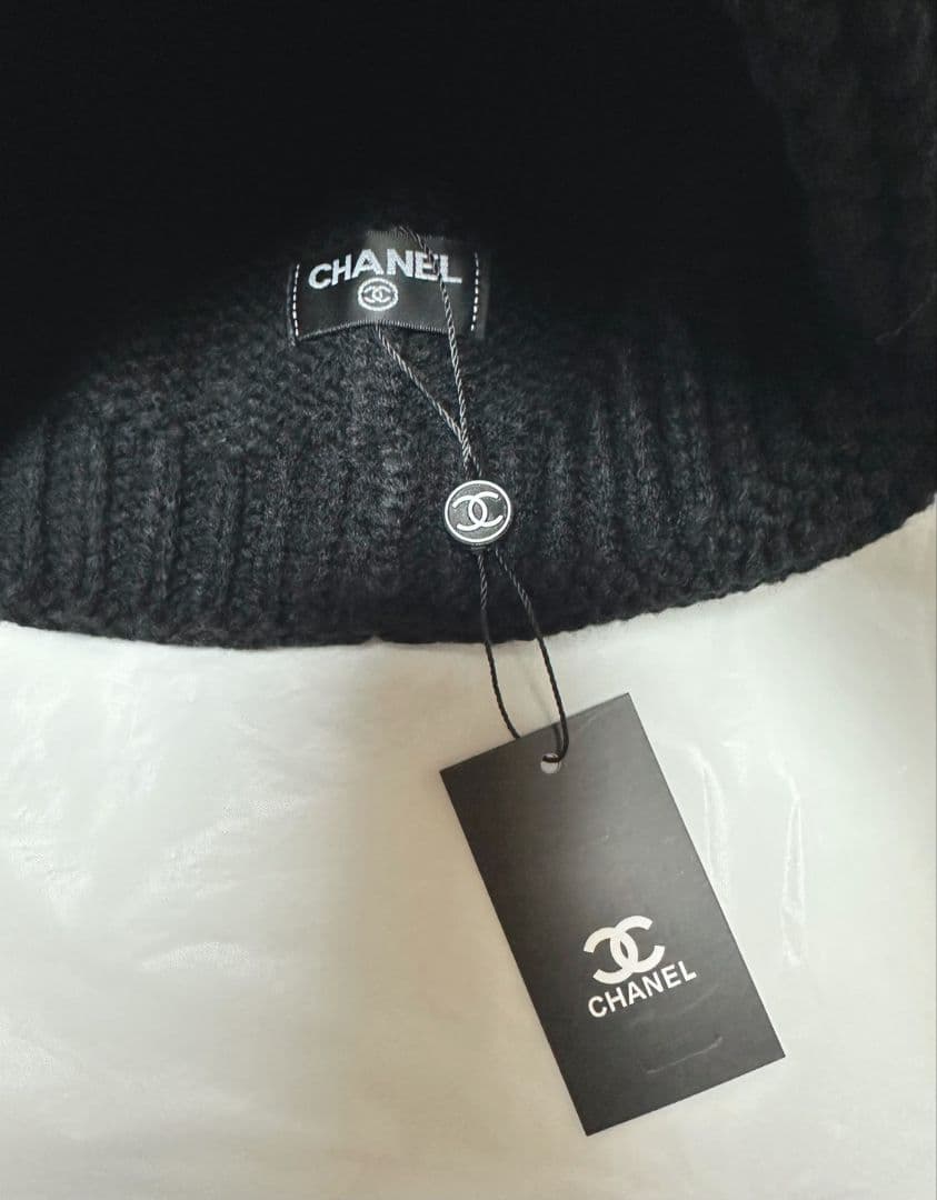 CHANEL ニット帽子ブラック 黒/白