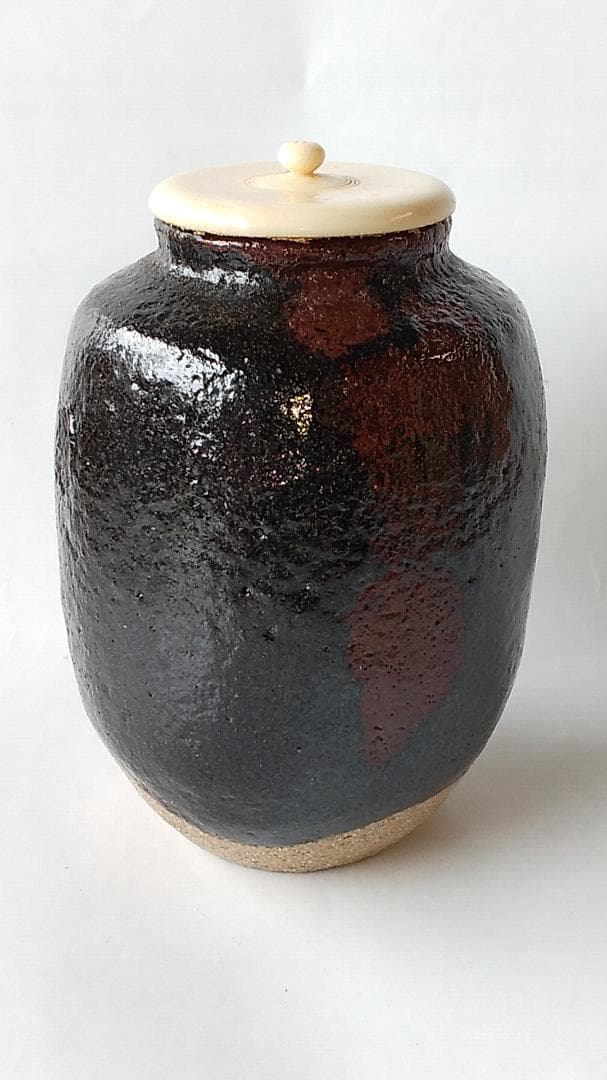 希少品 楽焼 吉村楽入 作 黒楽 茶入 仕覆 鶏頭大燈古金襴 茶道具 共箱 新品