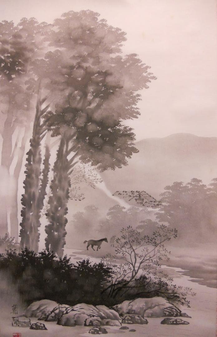 掛け軸  朝湖 渓畔晩涼 水墨画 絹本 希少 軸装 茶道具 掛軸 美品 です。