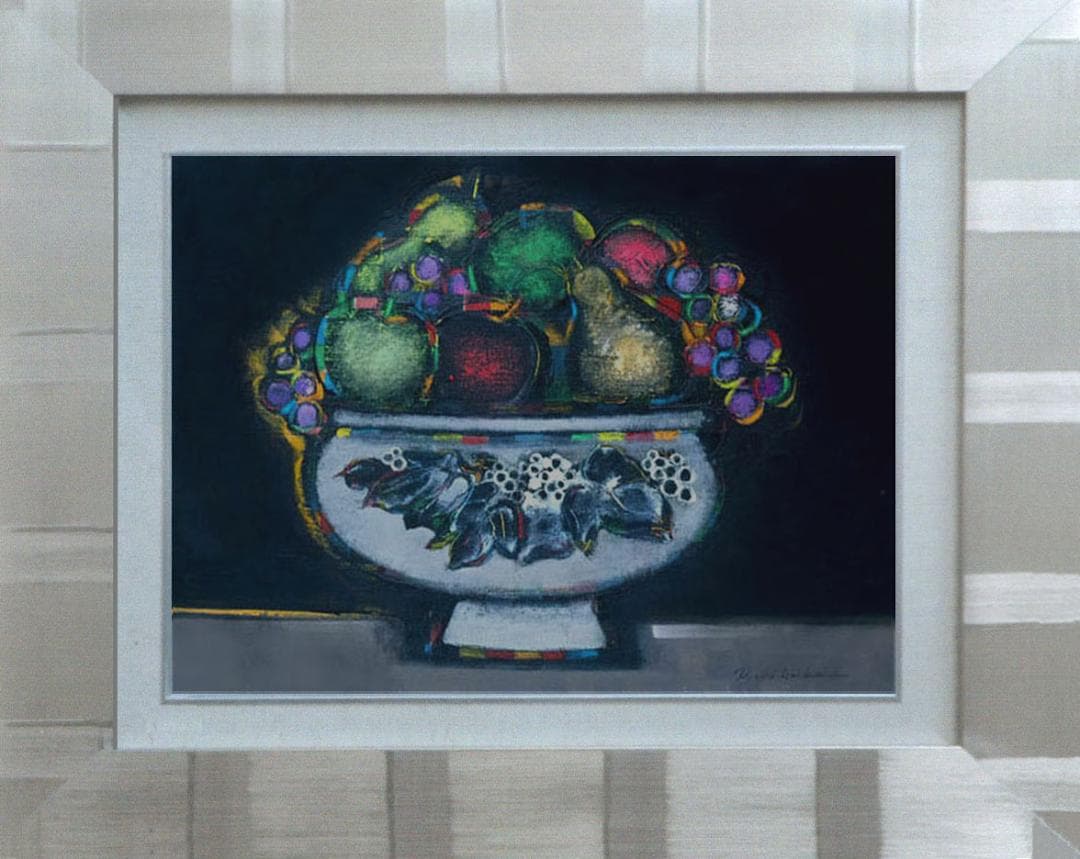 油絵 菅家令子 絵 絵画インテリア額付(青緑＋金色の枠uF6-062004 果物