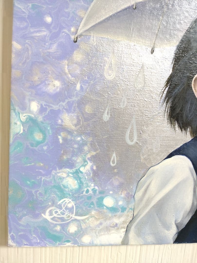 人物画【にわか雨】作者サイン入り/油絵/美人画/フルイドアート