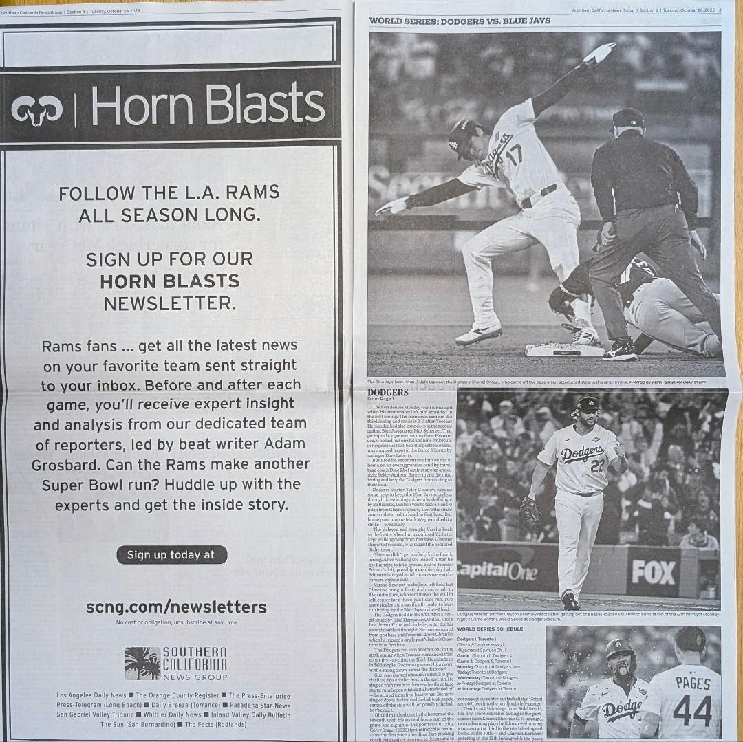 LA Daily News 2025年10月28日 大谷翔平 WS 第3戦
