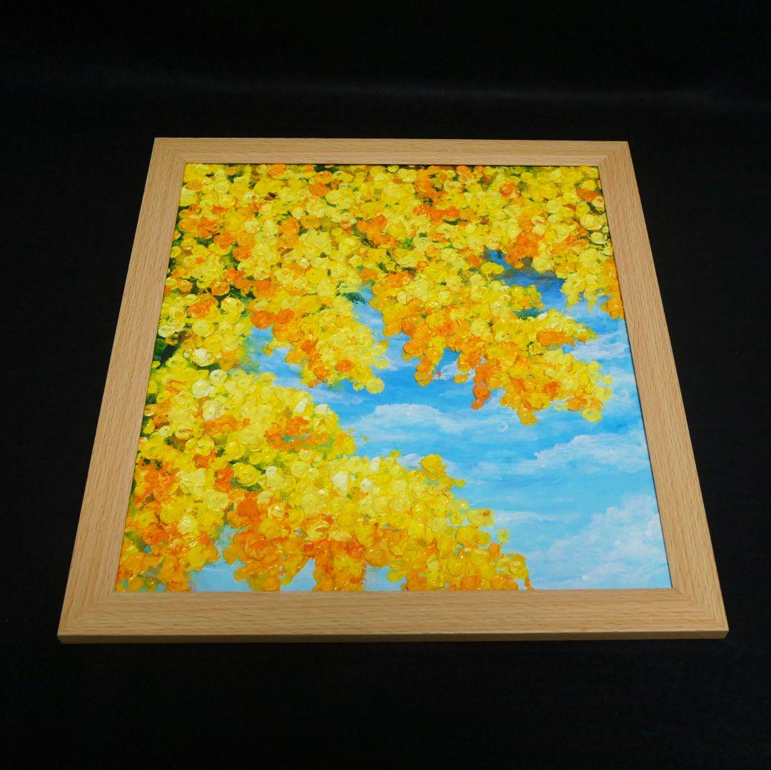 油絵 油彩 油彩画 絵 絵画 【青空に咲くミモザ 】