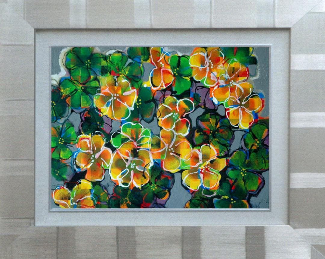 油絵 菅家令子 絵 絵画インテリア額付(青緑＋金色の枠) F4-091616 花