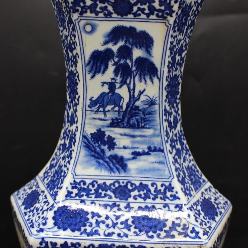 清乾隆青花人物花鳥六方賞瓶 景徳鎮 陶磁器 装飾品 現代工芸品 美術品 置物