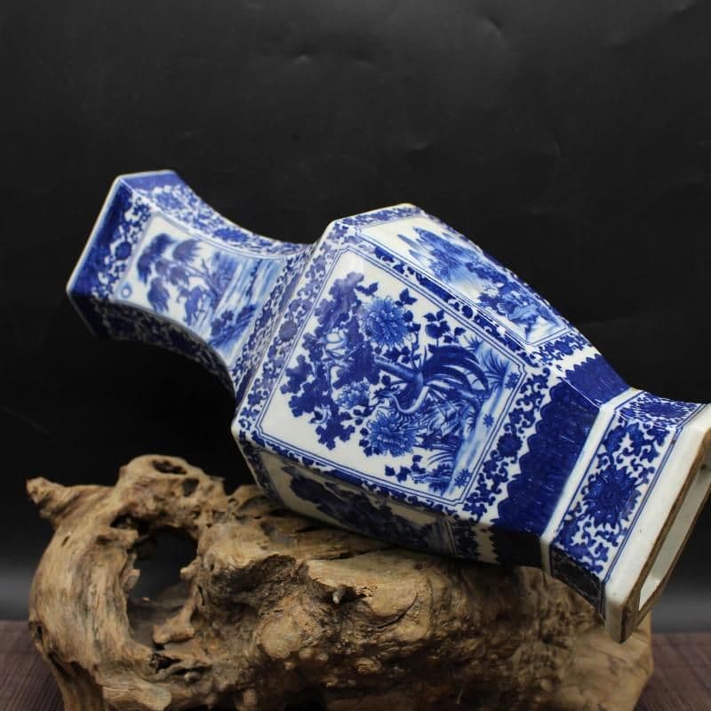 清乾隆青花人物花鳥六方賞瓶 景徳鎮 陶磁器 装飾品 現代工芸品 美術品 置物