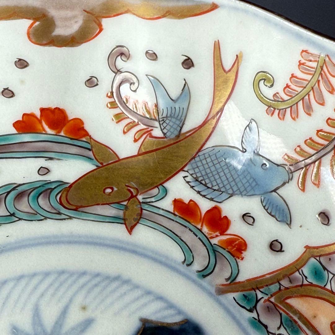 豪商旧蔵品　明治期　色絵鯉千鳥文膾皿　金蘭手　二十客　上手　金鯉　松竹梅　青海波