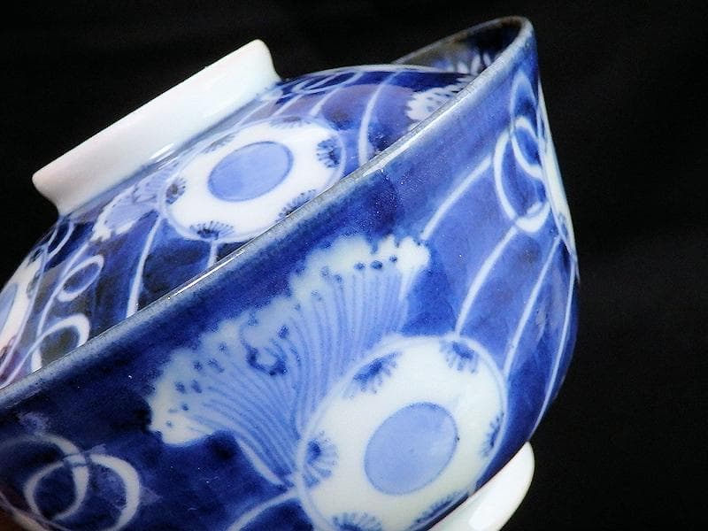 古伊万里　染付　鼓に調緒の図　蓋茶碗　江戸期　E213AS-CHl