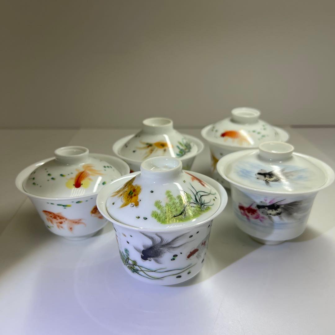 中国美術　粉彩蓋茶碗5客　口径約9㎝　東Y8-0204☆2Fタトチ