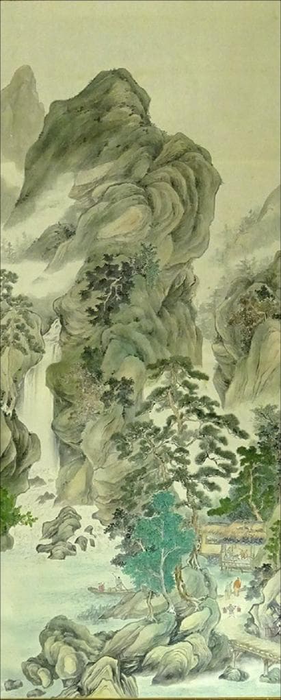 【真作】掛軸 佐藤眉山『山水図』日本画 絹本 肉筆 共箱付 掛け軸 w07233