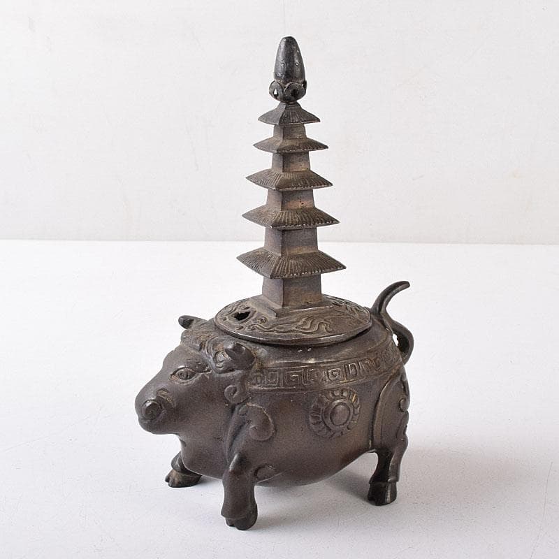 中国　古銅　唐銅　神獣五重塔　香炉　M　R8731