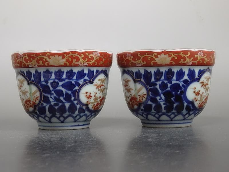 大聖寺伊万里　染錦　窓絵　葉唐草の図　向付　２客　D686AS-BDu