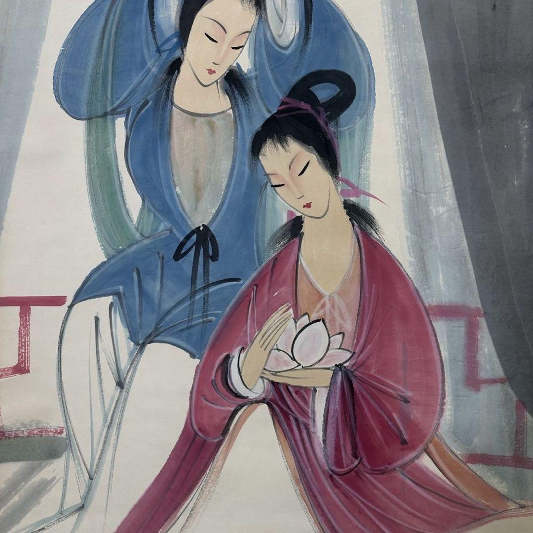 四尺中堂 中国近代風 人物画 掛け軸 仕女図 手描き作品・表装済み