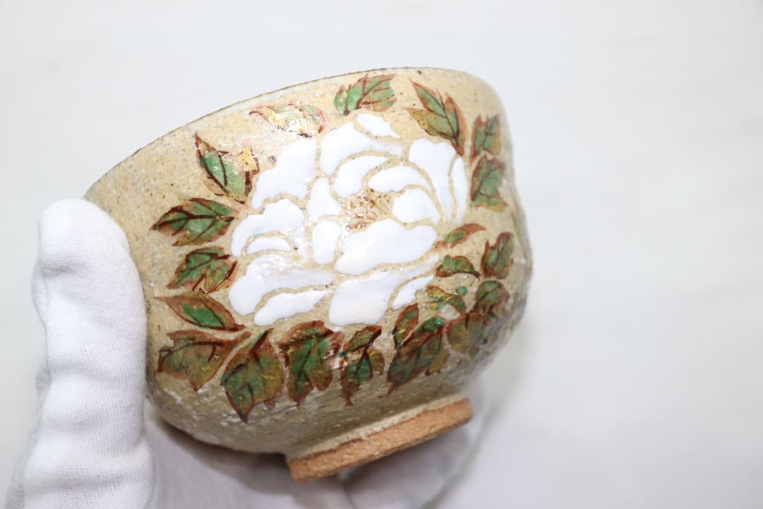 京焼 中村良二 灰釉 牡丹絵 茶碗 茶道具 共箱 共布