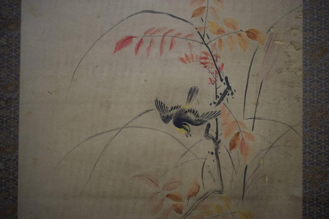 真作/狩野周信/紅葉花鳥図/桐題箱二重箱付/布袋屋掛軸HH-968