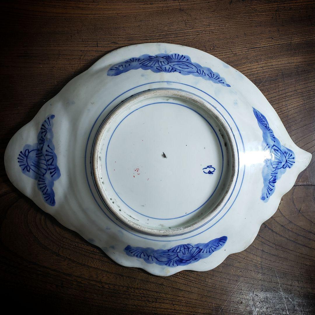 古伊万里　染付　赤絵　変形皿　貝型　蝙蝠　蝶　唐草　明治　訳あり