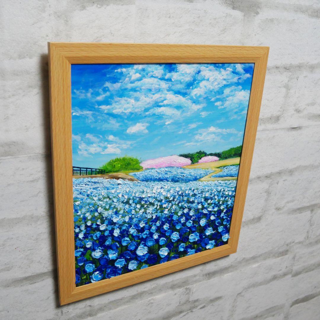 油絵 油彩 油彩画 絵 絵画 【ネモフィラと桜】