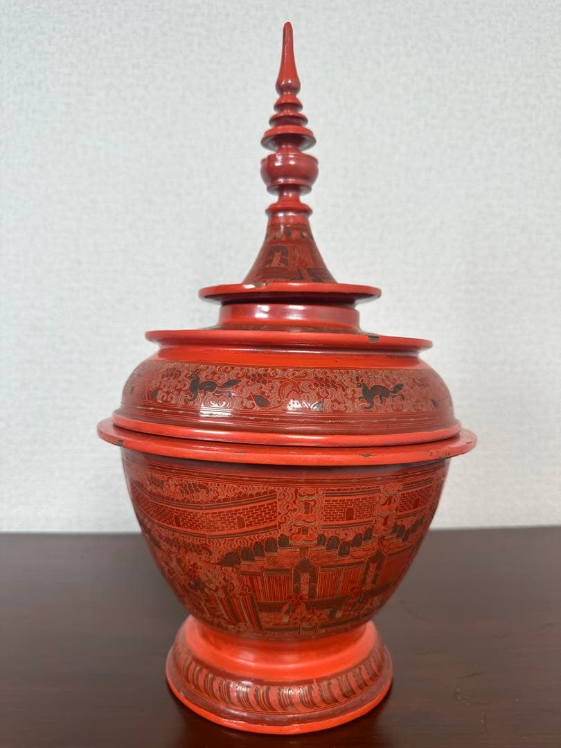 ミャンマー アンティーク 漆器 蒟醤 仏塔形 供物器 高さ約41cm ※31※