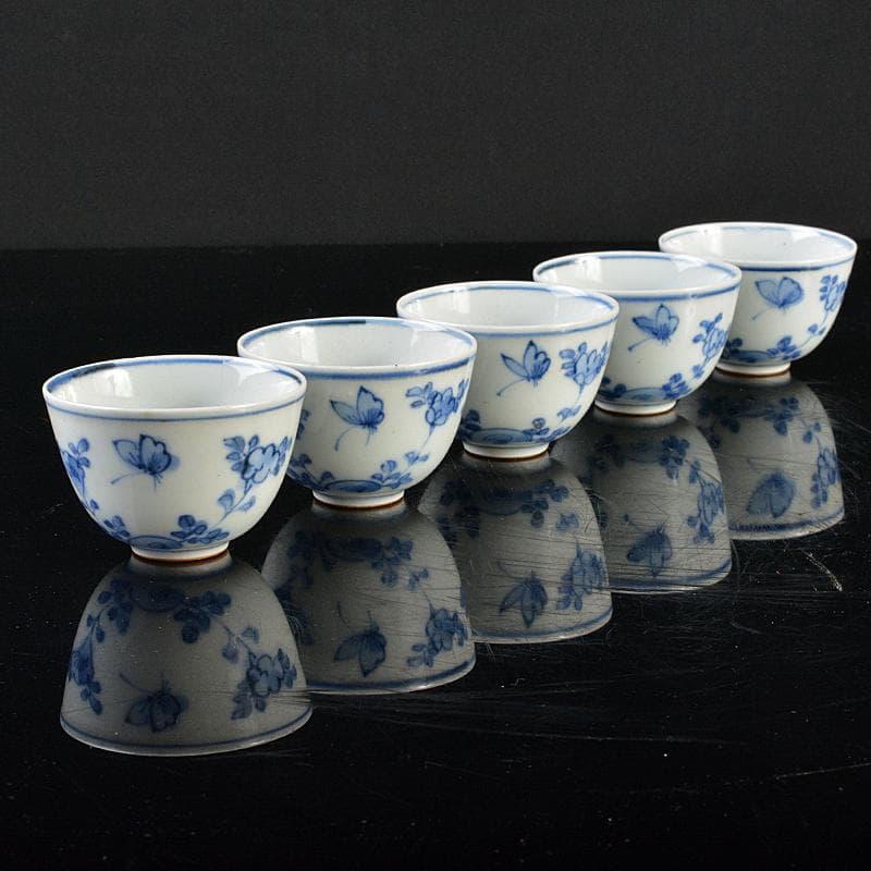 煎茶道具　伊万里焼　古伊万里　染付　花蝶文　煎茶碗　五客　時代箱　D　R6222