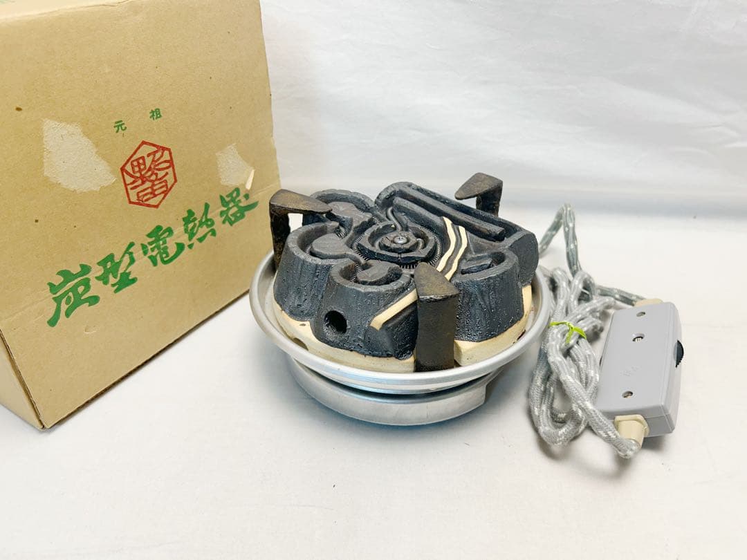 美品 茶道具 唐銅鬼面風炉 真形釜添 野々田製電熱器 敷板3点セット 紙箱