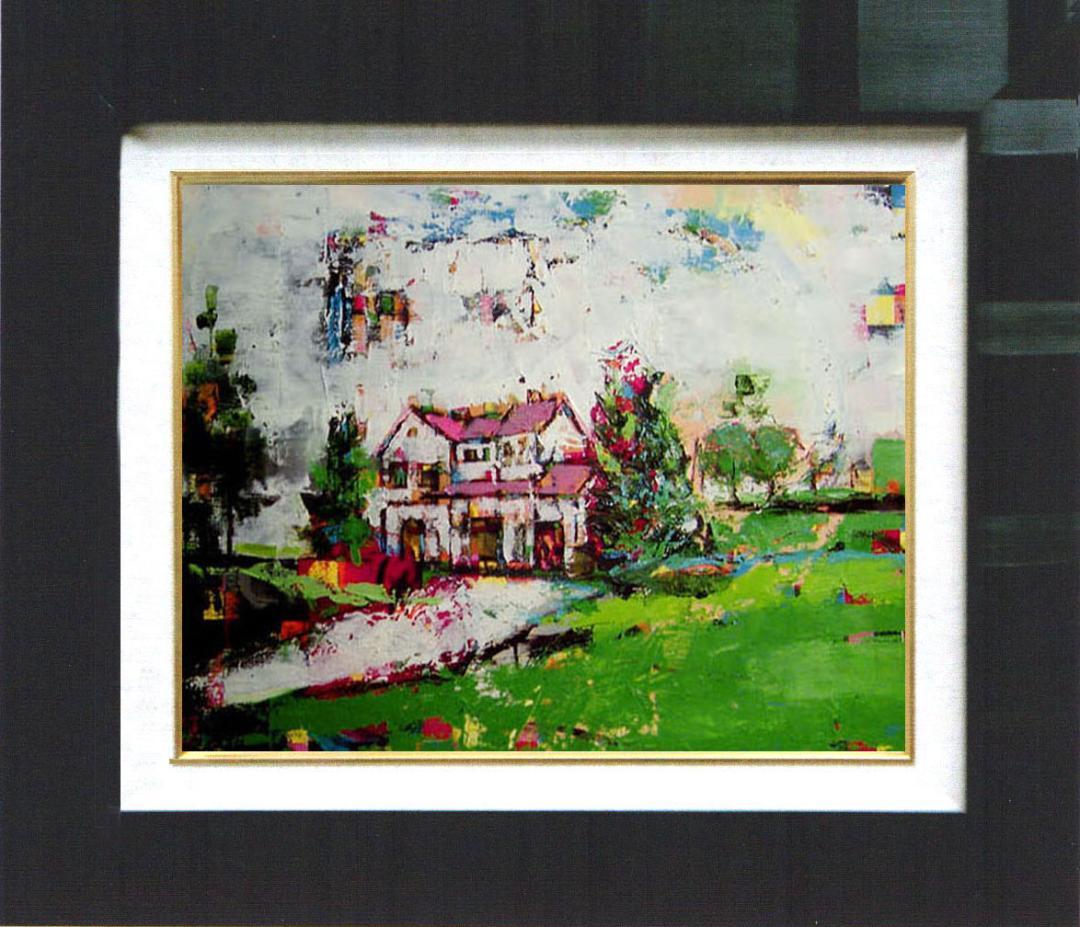 油絵 菅家令子 絵 絵画インテリア額付(青緑＋金色の枠) F6-060704風景