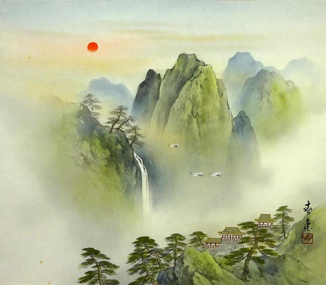 【真作】掛軸 吉井春堂『蓬莱山図』日本画 絹本 共箱付 掛け軸 a07027