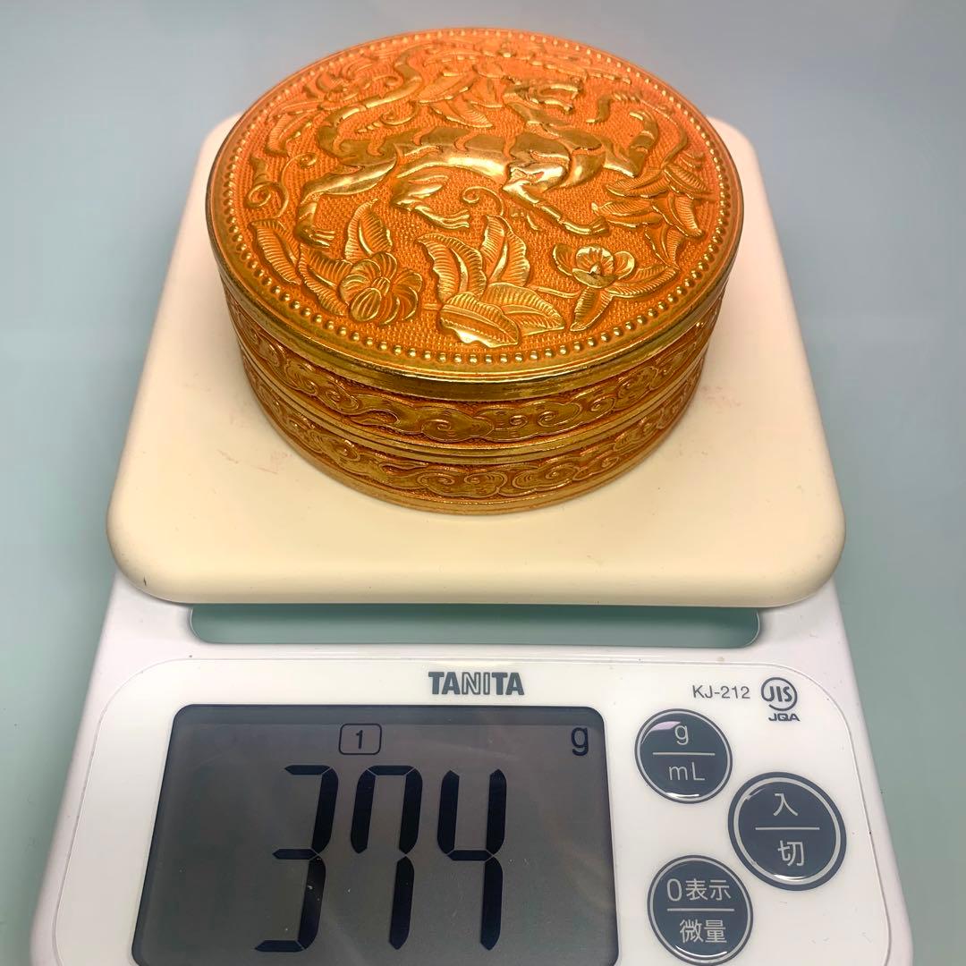 文房貝 小物入れ ジュエリーボックス凹凸金虎凰彫刻　インテリア　置物縁起物時代物