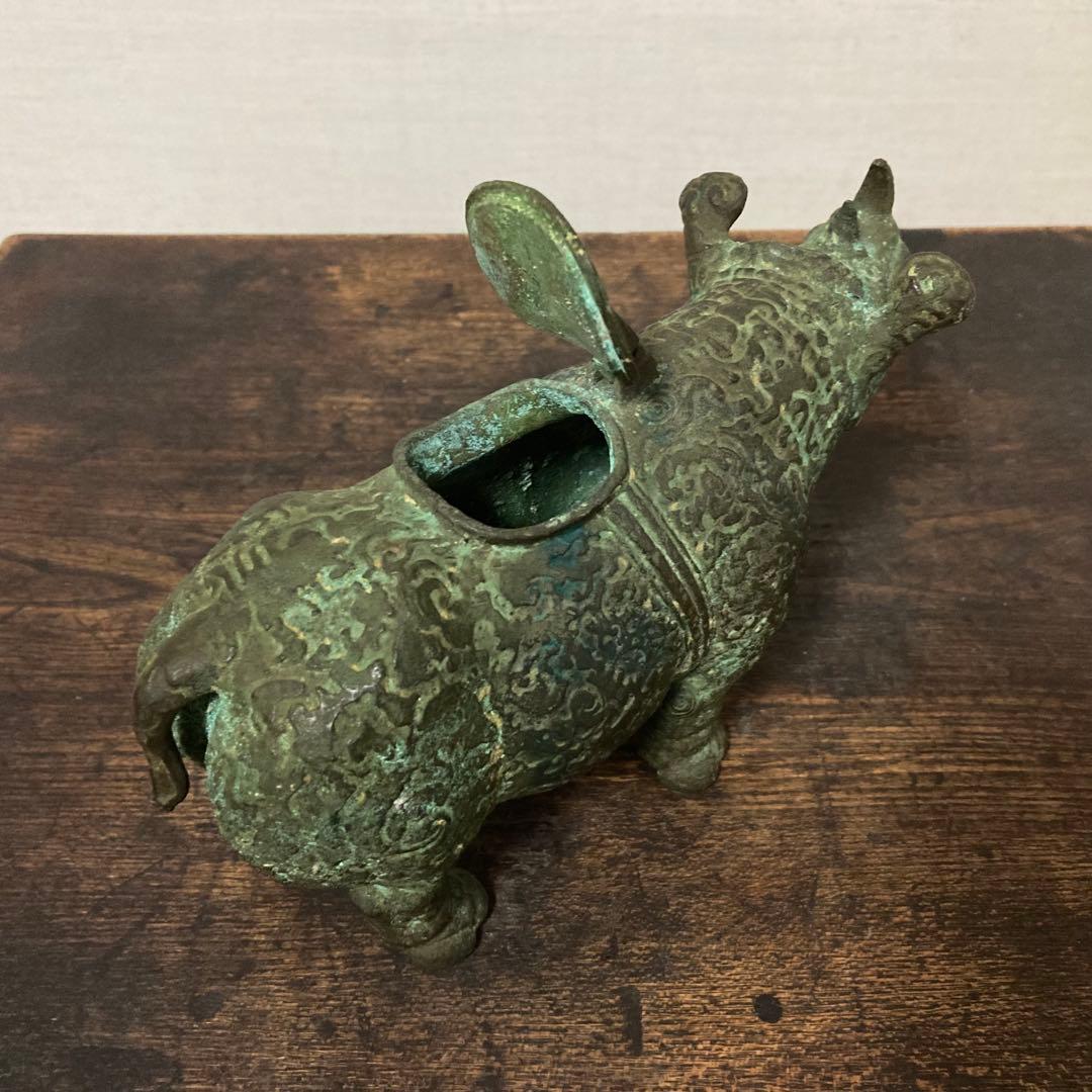 古いサイの置物 動物 銅製 オブジェ 香炉 工芸品 古美術 骨董品 レトロ