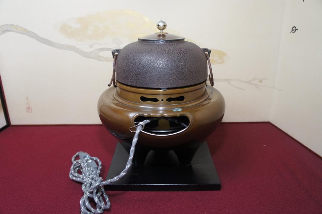 専用☆唐銅朝鮮風炉釜 南鐐(銀)摘み唐銅蓋 釜鐶 410W電熱器 敷板送料込み