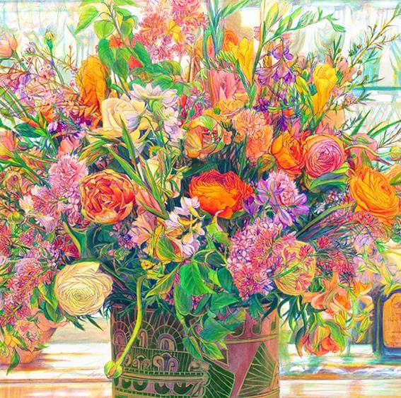 フランス　フラワー　版画　アクリル画　水彩画 　赤　オレンジ　ブラウン　茶色　花
