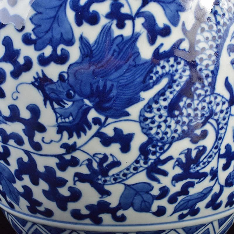 中国　大清雍正年製款　青花　唐草龍花文　遊環双耳瓶　V　R7172B