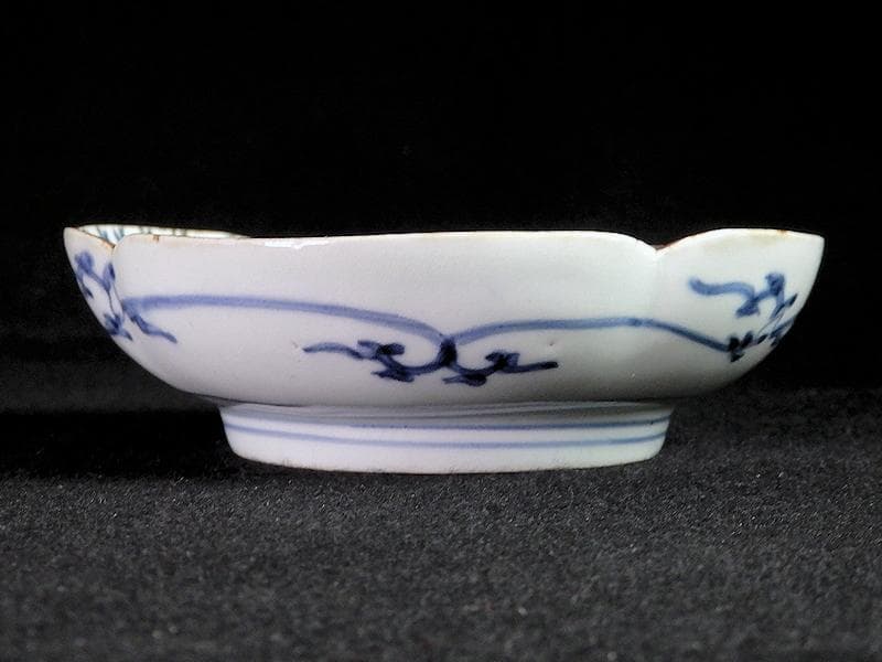 古伊万里　染付　型刷印判　木瓜型　撫子の図　江戸中期　C077AS- BMu