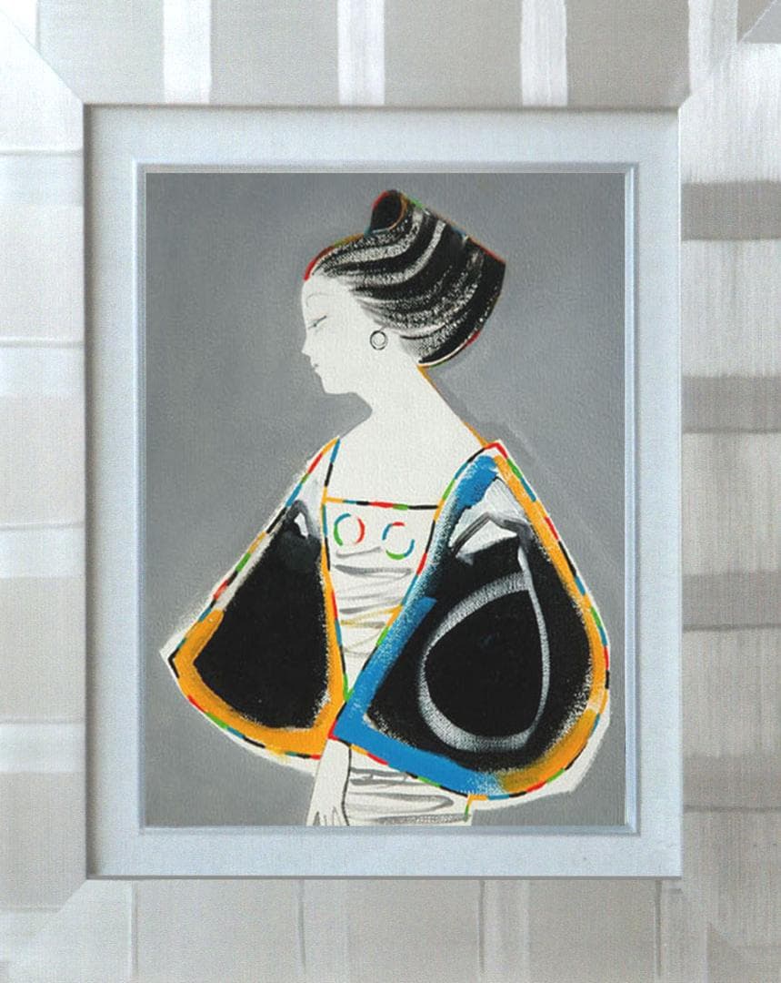 油絵 菅家令子 絵 絵画インテリア額付(青緑＋金色の枠) F3-010411女性