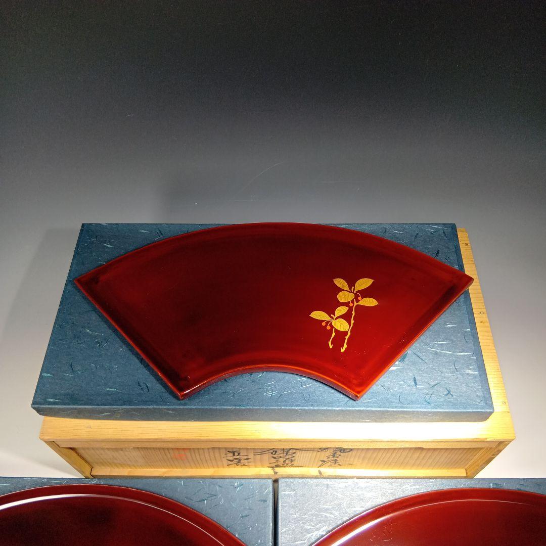 値下げ輪島塗　蒔絵扇面形　お盆　菓子器皿　 共箱　美品
