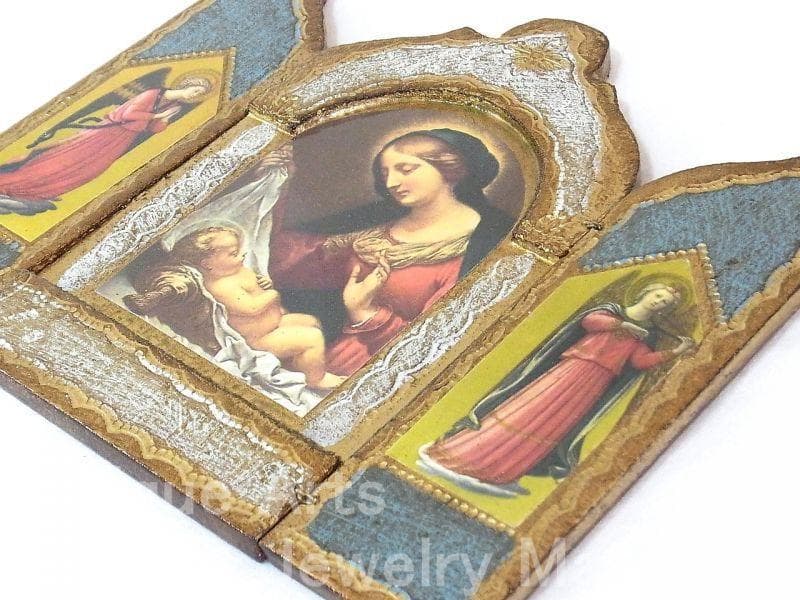イタリア ヴィンテージ『観想の聖母マリア』カルロ・ドルチの工房作３枚続きの祭壇画