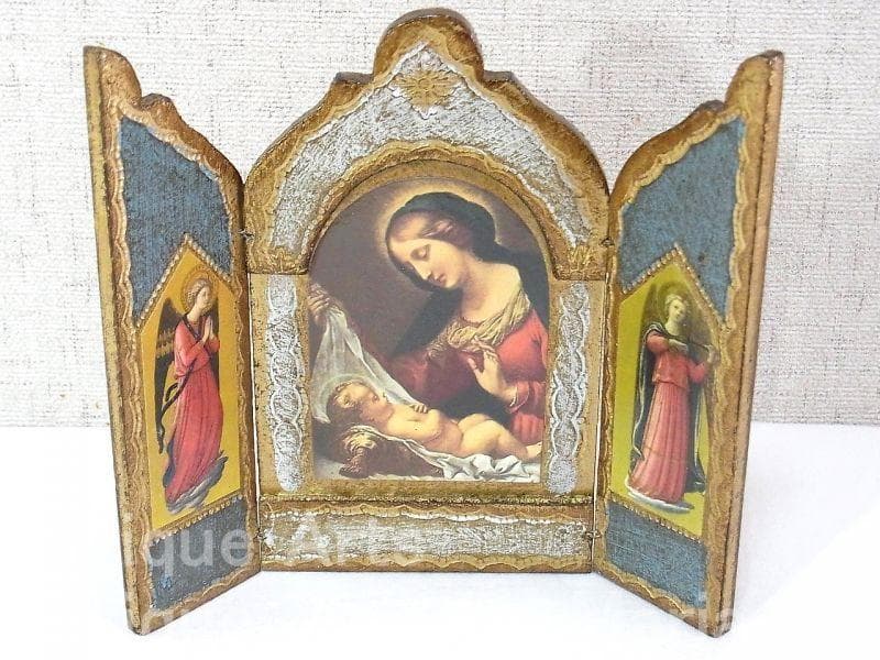 イタリア ヴィンテージ『観想の聖母マリア』カルロ・ドルチの工房作３枚続きの祭壇画