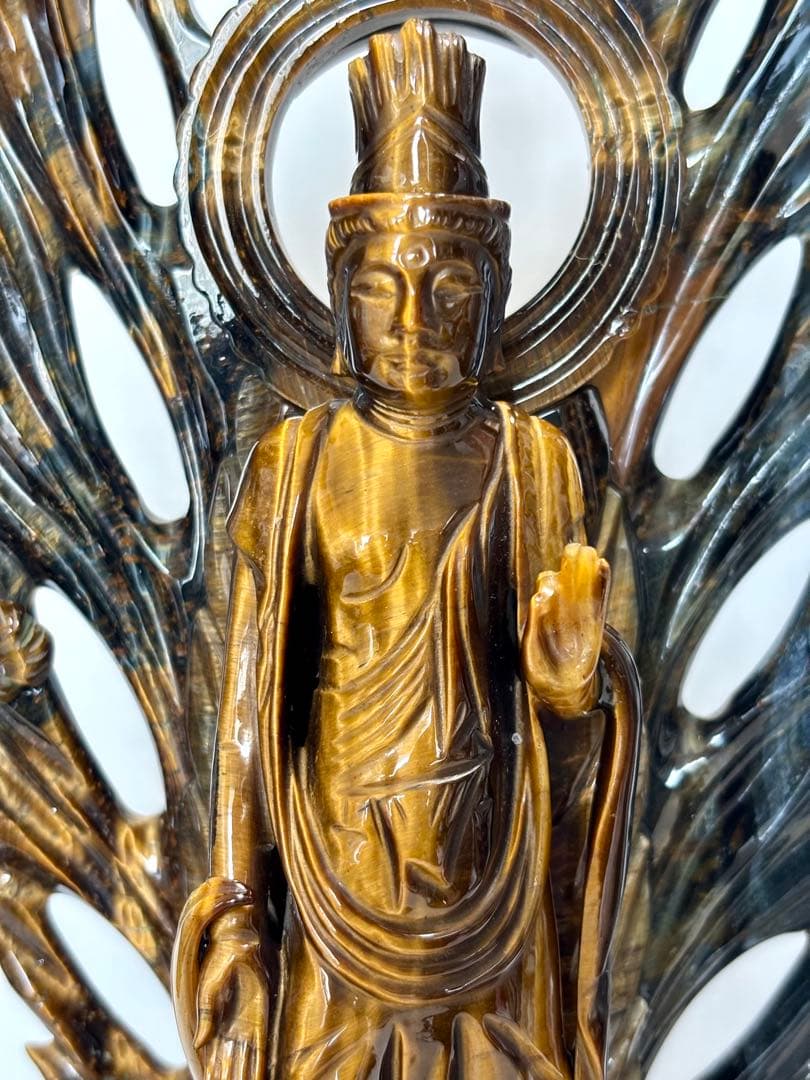 #伝統工芸士 田中保山（甲州水晶貴石細工） 虎目石 聖観音像 ガラスケース入り