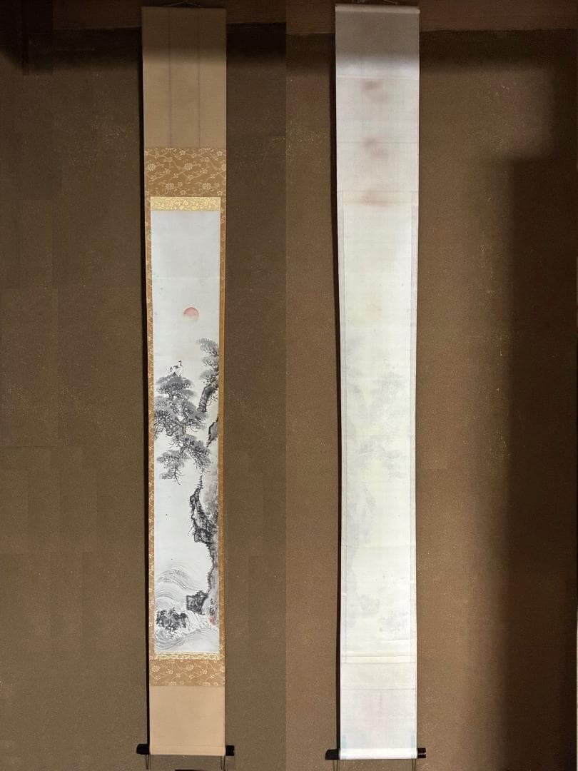 石河有隣 旭日松鶴 掛け軸
