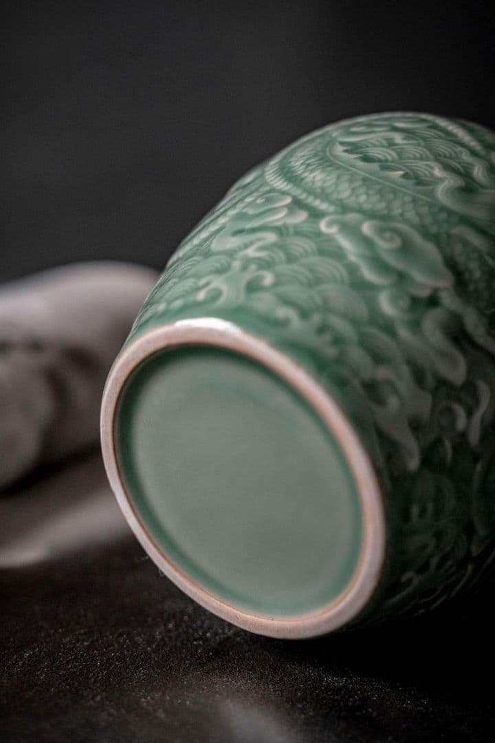 中国美術 茶筒 茶器 茶入れ 青磁 茶道具 龍鳳紋 送料込み