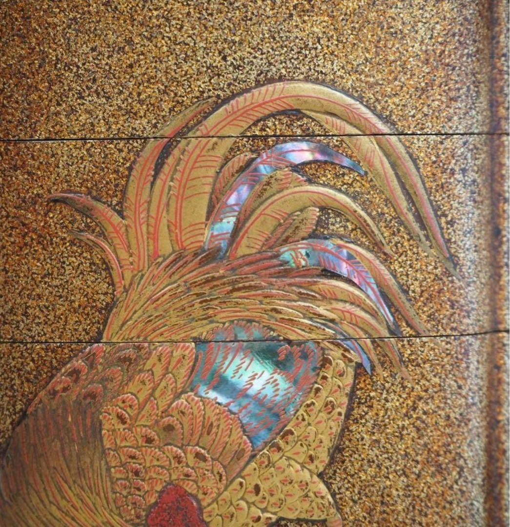 送料無料　江戸時代　極上品（在銘）本金梨子地螺鈿蒔絵 鶏図印籠 人物根付 木箱付