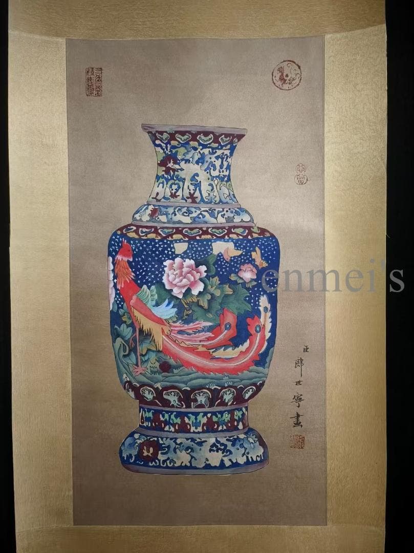 中国古美術 近代 絹本手描き 郎世寧 博古瓶図 三尺 掛軸 水彩画 肉筆 古玩