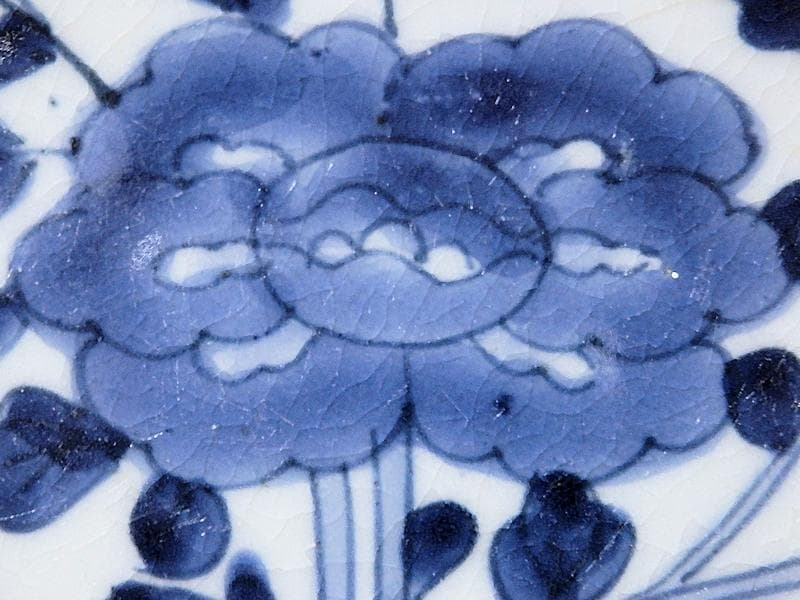 古伊万里　染付　牡丹に牡丹唐草の図　６寸皿　江戸期　F173AS-fbqu