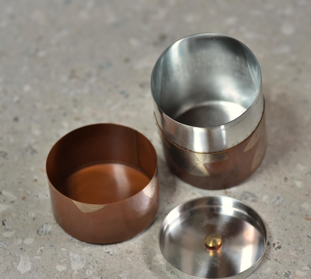 玉川堂、鎚起銅器、葉分茶器揃（7点）　銅器　共箱／茶道具